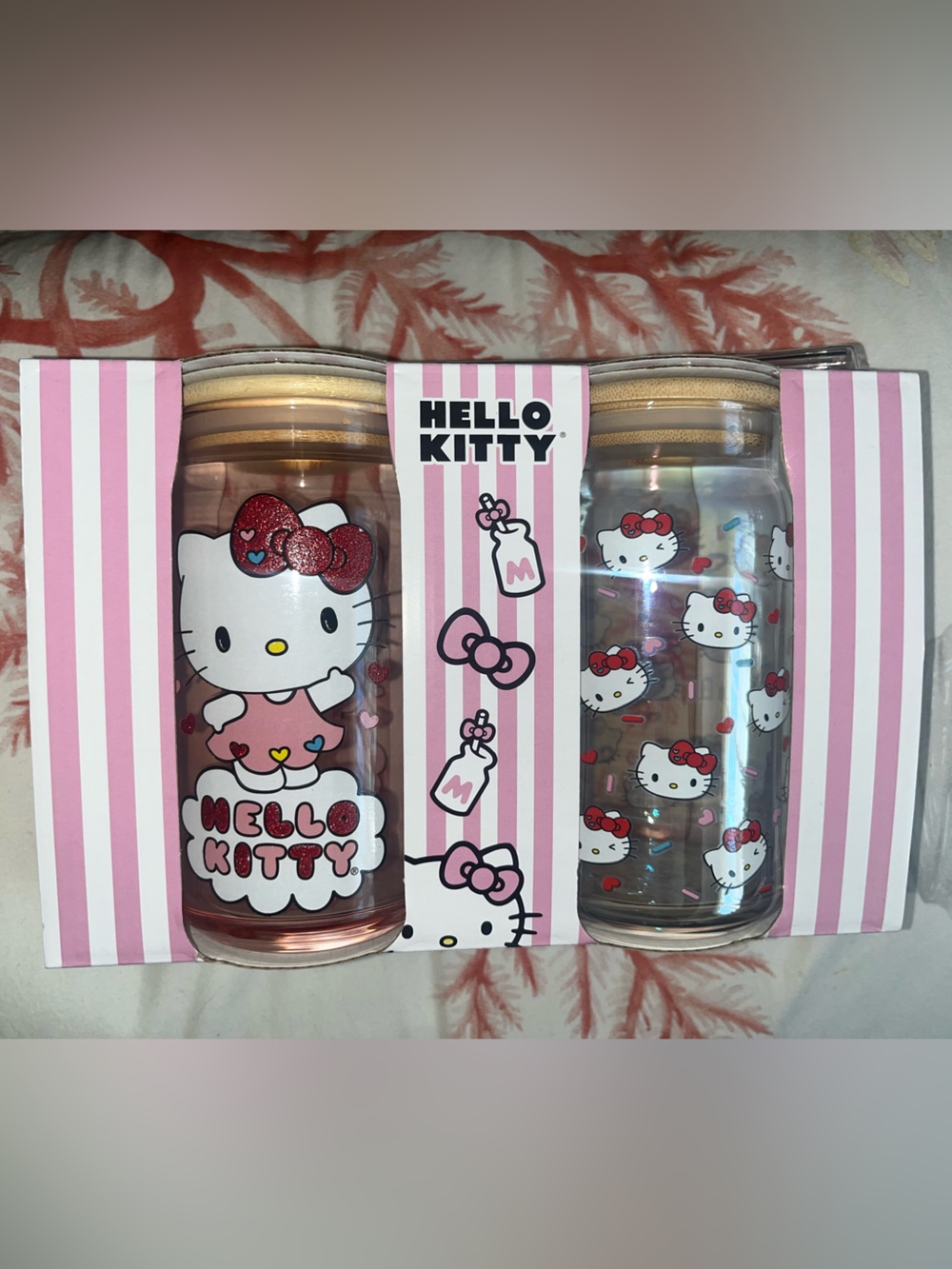 Hello Kitty Clear Glass Tumbler Straw Set with Pink Accents NEW NWT